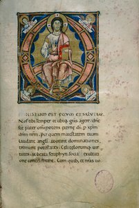 威厳のあるキリストと伝道者のシンボルが描かれたイルミネーションページ（Cod. Calci, ms. 36, c. 120