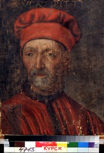 「「フィレンツェの裕福な銀行家ルカ・ピッティ (1394-1472) の肖像」」彼はピッティ宮殿に彼の名前を付けました) 16 世紀初頭のフィレンツェ派の絵画 地域デイネカ アート ギャラリー、クルスク ロシア 作： Florentine School