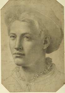 帽子をかぶった青年の肖像頭部 1530～40年頃（白紙に黒チョーク 作： Florentine School