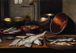 テーブルの上に魚と調理器具が置かれたキッチンのインテリア 作： フロリス・ヴァン・スホーテン