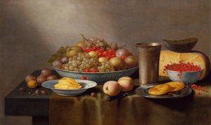 果物、チーズ、パン、ゴブレットのある静物（油彩・パネル 作： Floris Gerritsz van Schooten