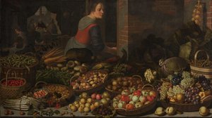 果物と野菜のある静物、エマオのキリストを背景に 作： Floris Gerritsz van Schooten