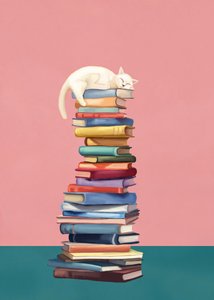 カラフルな本の上のくつろぐ猫 作： Flow Line