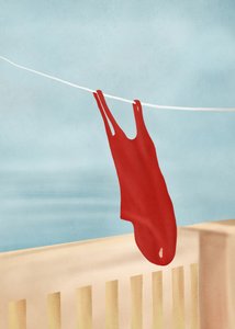 バルコニーで赤い水着