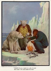 テディ-Bは木の山にマッチを置き、火を作り、食べ物を調理しました 作： Floyd V. Campbell