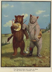 2つのルーズベルトクマは山の頂上の近くの大きな峡谷の西の家を持っています。 作： Floyd V. Campbell