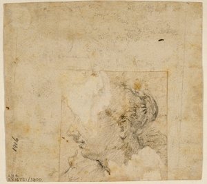 左の横顔の女性の頭。 木と建物のスケッチ 作： Follower of Jacopo Bassano