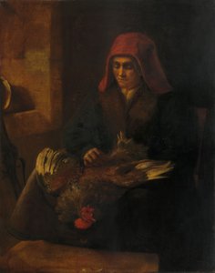 鶏を摘む老婆 作： Follower of Rembrandt van Rijn