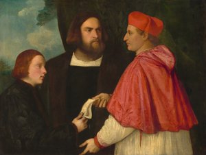ジロラモとマルコ・コーナー枢機卿 マルコ、カッラーラ修道院長に彼の恩人と共に投資 作： Follower of Titian