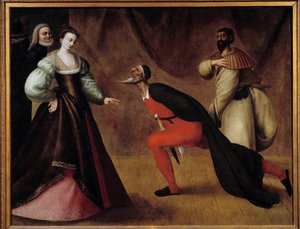 コメディア・デラルテ「イタリアの喜劇シーン」 フォンテーヌブローの学校の絵画。16世紀日。1,1x1m バイヨンヌ、ボナ美術館 - コメディア・デラルテ：「イタリアの喜劇の場面」フォンテーヌブローの学校の絵 作： Fontainebleau School
