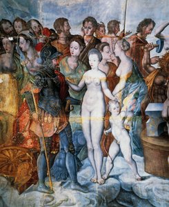 ヘンリー2世とダイアン・ド・ポワチエ、金色のリーグの塔のフレスコ画、フォンテーヌブロー派、タンレー城（16-17世紀）、フランス、ブルゴーニュ地方 作： Fontainebleau School