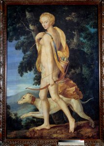 弓で武装した女神は、犬を連れています。エコール・ド・フォンテーヌブローの絵画。16世紀 日1,91 x 1,32 m - 弓で武装した狩人の女神ディアナが犬を伴っている。フォンテーヌブローの学校の絵画。16世紀1.9 作： Fontainebleau School