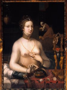 女性はトイレを持っている フォンテーヌブローの学校の絵画。1560年頃。薄暗い。1,05 x 0,76 m. ディジョン、美術館 作： Fontainebleau School