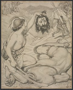 1872年、ケンブリッジのジーザスカレッジでのステンドグラスの窓の漫画、デイビッドとゴリアテ。 作： Ford Madox Brown