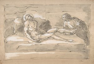 彼の足の傷を崇拝するマグダレンによって嘆かれた死んだキリスト、1787-1863。 作： Fortunato Duranti