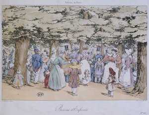 1827年にC.モットによって彫刻された、タブロードパリシリーズの子供と公園の乳母 作： Fortune Delarue
