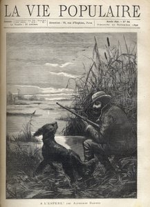 バードハンターが犬と一緒に沼地で観察しています。アルフォンス・ドーデ（1840-1897）の「うまくいけば！」のためのF.モーレのイラスト。"アルフォンス・ドーデ(1840-1897)作。1890年の「La vie populaire」に掲載された版画。プライベートコレクション
