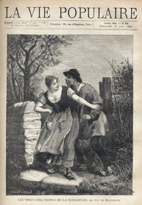 農民のカップルは、ブラウスに蹄をつけた男が、笑顔と光で彼を押し戻した若い女性に飛びかかった。ギー・ド・モーパッサン（1850-1893）の『超高値の25フラン』のためのE.ベルタンによる挿絵。Fortune Meaulleによるエングレーヴィング（184 作： Fortune Louis Meaulle