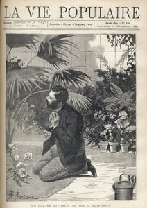 温室で膝をついて祈る自暴自棄な男。ギー・ド・モーパッサン（1850-1893）の「離婚の場合」のために、B.ボリオーネの後にF.モーユが描いたイラスト。1890年に出版された「La vie populaire」に掲載されたエングレーヴィング。個人蔵