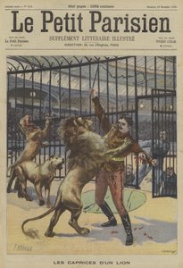 彼の動物の1つによって攻撃されているライオン調教師 作： Fortune Louis Meaulle