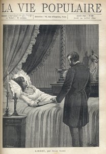 悲しみに打ちひしがれた男が、ベッドの枕元に立ち、愛しい死んだ女性の手を握っています。枕元のテーブルには、ろうそくの灯りと十字架。暖炉のまぐさの上には、カップとアンティークな衣装を着た女性の彫刻が置かれています。イラストレーター
