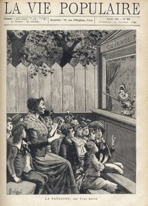 子供たちの集団の中で、人形劇に拍手を送る女性（ギニョール）。ポール・アレーヌ（1843-1896）の「農民」のためにモンテゴーが描いたフォーチュン・モーレのイラスト。"La vie populaire "のエングレーヴィング 作： Fortune Louis Meaulle
