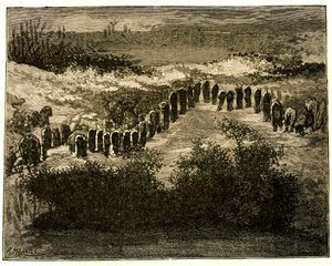 カルナックのメンヒルの配列。ヴィクトル・ユゴーの絵。ユゴーのテキストより抜粋（ブルターニュへの旅 作： Fortune Louis Meaulle