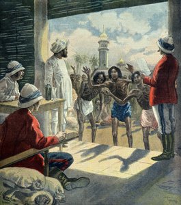 1896年から1897年にかけての大飢饉の際、イギリス人に助けを求めるヒンズー教徒（版画） 作： Fortune Louis Meaulle