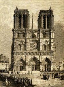 1482年のパリのノートルダム：西側ファサードとパルヴィス。ヴィクトル・ユーゴーの同名小説を挿絵にしたヴィオレ・ル・デュック（Viollet-le-Duc）のデッサンに基づくF.モールのエングレーヴィング、20世紀初頭のオーレンドルフ版。左下に 作： Fortune Louis Meaulle
