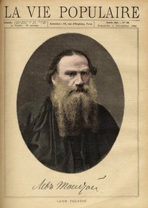 ロシアの作家、レオン・トルストイ（1828-1910）の肖像。F. Meaulleによるイラスト。1890年に出版された「La vie populaire」に掲載された版画。個人蔵 作： Fortune Louis Meaulle