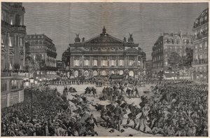 リヒャルト・ワーグナーの「ローエングリン」をガルニエ宮で上演することに反対したパリの暴動 1891年 - リヒャルト・ワーグナーの「ローエングリン」の初演時にパリのオペラ座で行われた愛国主義者のデモ - Fortuによるエングレーヴィング