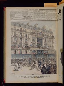 1891年9月15日、同名の雑誌のイラスト「Le Petit Journal」のオフィスの前でのパリブレスト自転車レースの開始 作： Fortune Louis Meaulle