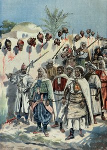 1897年、投獄されたモロッコの反乱軍兵士たちが、切断された仲間の首のそばを通り過ぎる。 作： Fortune Louis Meaulle