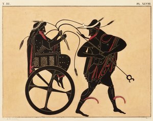 トリプトレモスとエルメスを示すギリシャのアンフォラの装飾の版画、c。 1858年（織紙にリソの上に水彩とボディカラー） 作： Fourquemin Fourquemin
