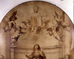 大評議会祭壇画、本を掲げる音楽の天使たちを描いた細部 作： Fra Bartolomeo