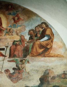 最後の審判」、キリストの左隣にいる使徒たちを描いたディテール 作： Fra Bartolomeo