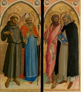 聖フランチェスコと司教聖人、洗礼者聖ヨハネと聖ドミニコ、1420年代後半（パネルにテンペラ、金箔） 作： Fra (c.1387 1455) Angelico