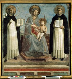 「聖ドミニク・デ・グズマン (1170-1221) に囲まれたマドンナと子供、ドミニコ修道会の創始者と聖トマス・アクィナス (1225-1274) 教会の医師」 (The Virgin and the Child with Sts Dominic and Thomas Aquinas)ヤドリギの木のジステンパー 作： Fra (c.1387 1455) Angelico