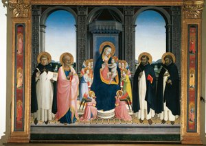 フィエーゾレの祭壇画。聖母子と天使と四聖人（木地画 作： Fra  Angelico