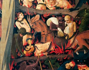 貪欲を罰する悪魔のいる地獄、フラ アンジェリコ (1400-1455 年頃) として知られるジョヴァンニ ダ フィエーゾレ作「最後の審判」の詳細、木にテンペラ 作： Fra (c.1387 1455) Angelico