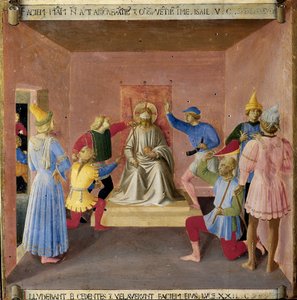 兵士に嘲笑されるイエス。キリストの生涯」アルマディオ・デッリ・アルジェンティ(木にテンペラ 作： Fra  Angelico