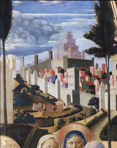 エルサレムとソロモンの神殿を望む風景。祭壇画「キリストの降架」または「三位一体」の詳細（木にテンペラ
