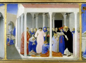 ナポレオン・オルシーニを復活させる聖ドミニカ（1170～1221年）、墓でキリストを表現した「聖母の戴冠」の下部（プレデル）、アンジェリカードが所属する教団の創設者である聖ドミニカの生涯の6つのエピソード。 作： Fra  Angelico