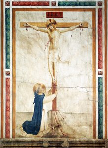 フラ アンジェリコ (1400-1455 年頃) として知られるジョヴァンニ ダ フィエーゾレの十字架を崇拝する聖ドミニク、フレスコ画、サン マルコ修道院の回廊、フィレンツェ