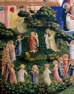 最後の審判 楽園の詳細、オーレオーレの魂のラウンド。フラ・アンジェリコまたはイル・ベアト（1400-1455）と呼ばれるグイド・ディ・ピエトロ（またはフラ・ジョヴァンニ・ダ・フィエーゾレ）による木の上のデトレム。薄暗い。105x210 cm サン・マルコ美術館。フィレンツェ 作： Fra  Angelico