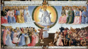 フラ・アンジェリコまたはイル・ベアト（1400-1455）ことグイド・ディ・ピエトロ（またはフラ・ジョヴァンニ・ダ・フィエーゾレ）による木の上の「最後の審判」デトレム。銀食器棚のための絵画。1450年 薄暗い。77x74 cm サン・マルコ美術館フィレンツェ 作： Fra  Angelico