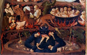 最後の審判: 冥界の詳細。地獄のサークルでのダメージ、悪魔による拷問。フラ・アンジェリコまたはイル・ベアト（1387-1455）と呼ばれるグイド・ディ・ピエトロ（またはフラ・ジョヴァンニ・ダ・フィエーゾレ）による木の上のデトレムの詳細