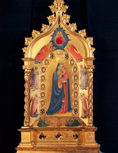 聖母には、聖母子、聖ペレ、聖ドミニコ、聖トマス・アクィナスが描かれた聖遺物の星があります。フラ・アンジェリコ・オウ・イル・ベアト（1400-1455）ことグイド・ディ・ピエトロ（またはフラ・ジョヴァンニ・ダ・フィエーゾレ）による木の上の絵画 1434 Dim.84x51 cm Florence, 作： Fra  Angelico