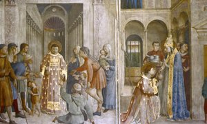 聖シクストゥスが教会の宝物をロレンスに託し、聖ロレンスが施しをする様子 作： Fra (c.1400 55) Angelico