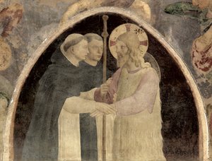 キリストは2つのドミニコ修道士を歓迎し、78936のフレスコ画の詳細 作： Fra Angelico